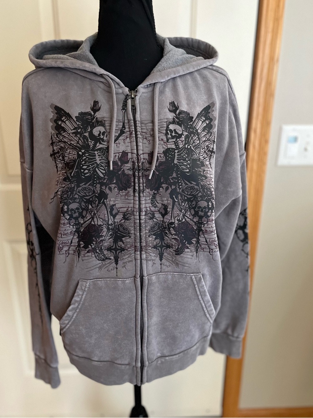 Social Collision gray mineral wash mirrored wing skeleton zip hoodie. Size small